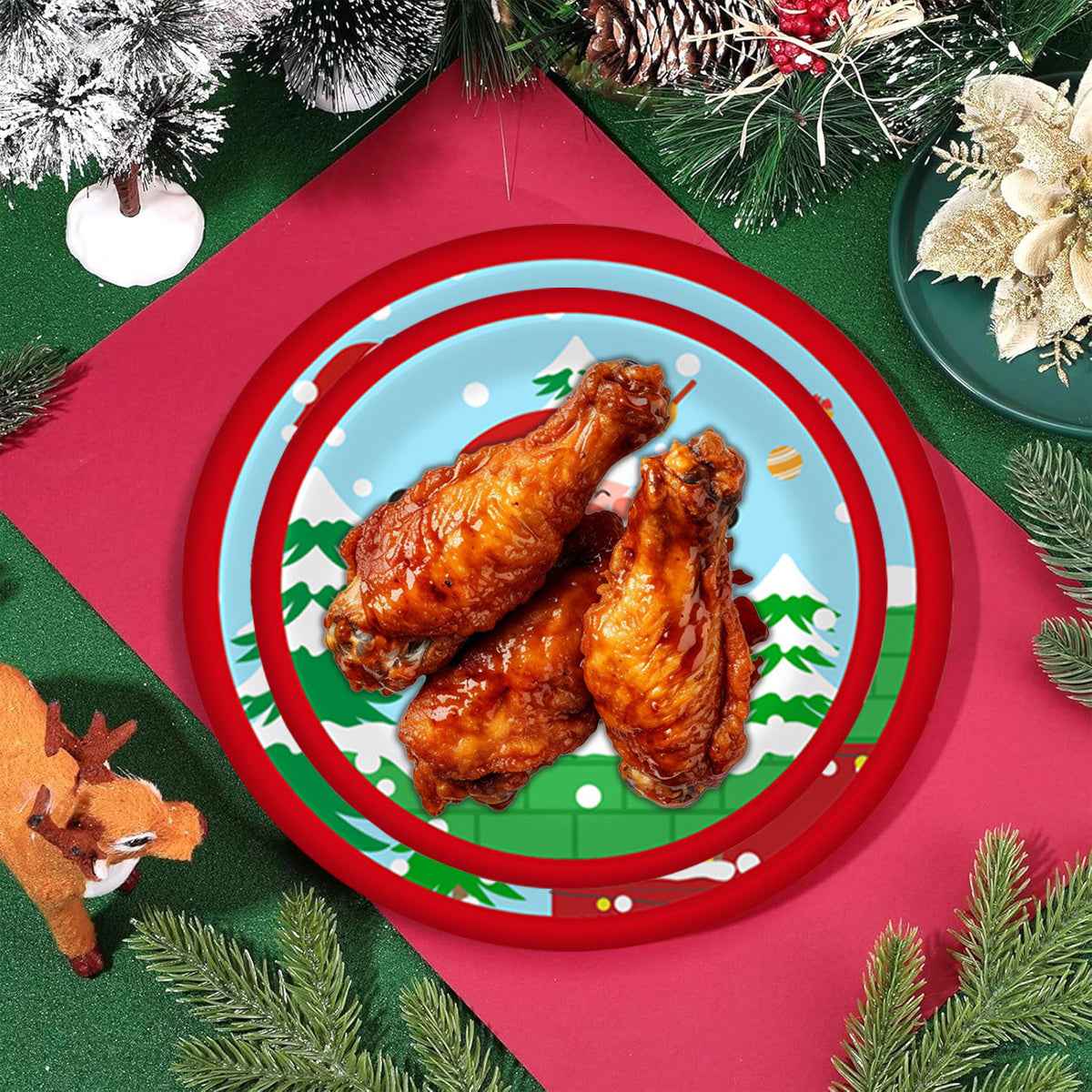 Christmas Paper Plates and Cups Set for 10 Guests - Santa Claus Elk Pattern - DropOnline.co