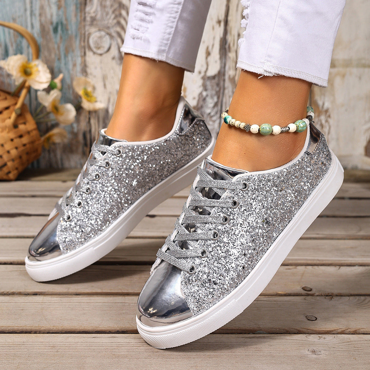 Plus Size Sequined Front Lace-up Solid Color Plus Size Board Shoes - DropOnline.co
