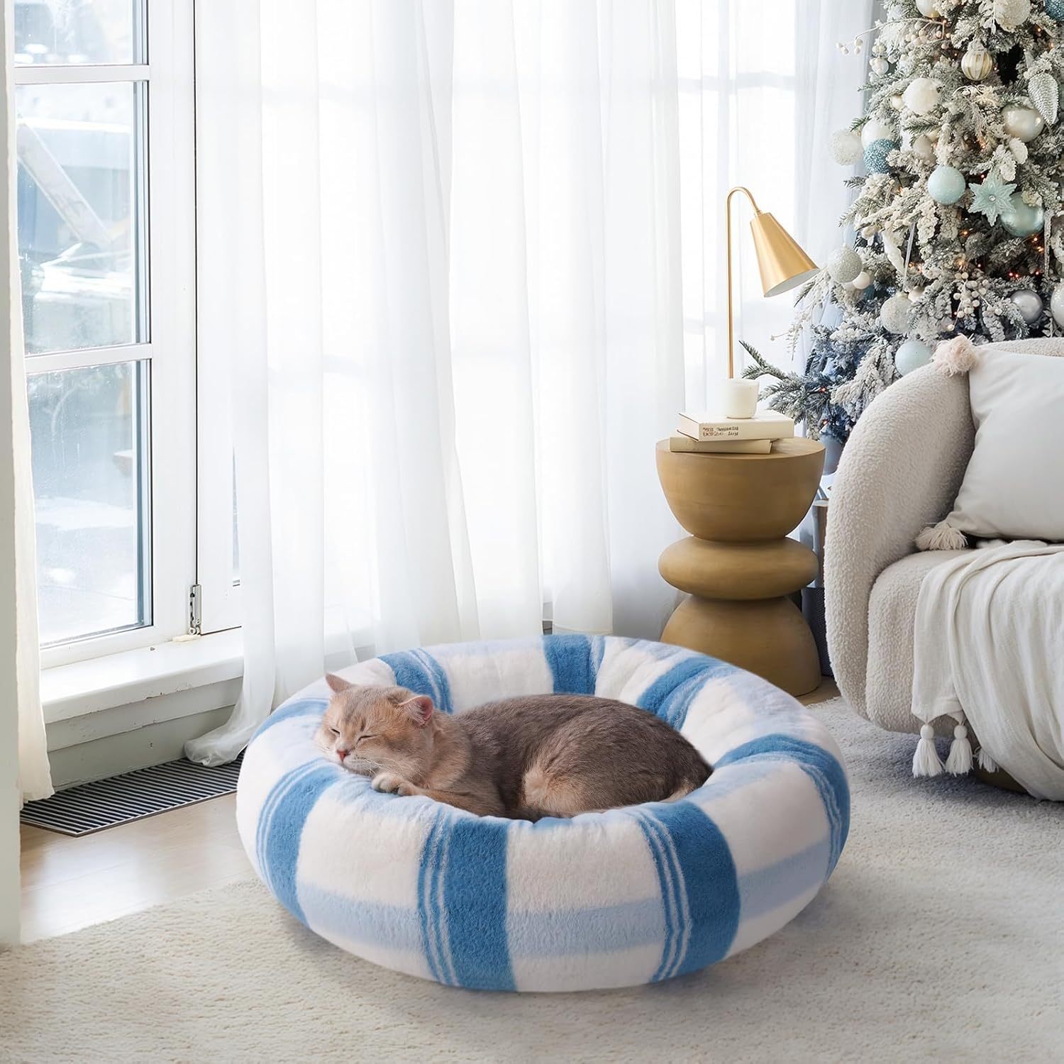 MEWOOFUN Plush Round Cat Bed For Indoor Cats - Calming Washable Pet Bed With Non-Slip Bottom, Soft Fluffy Dog Bed For Puppy & Kitten, 23 Inch Blue Striped - DropOnline.co