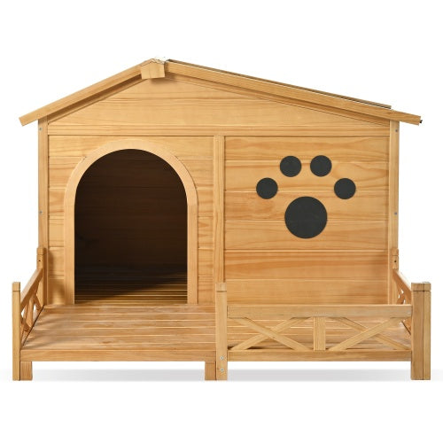 48 Wooden Dog House Outdoor With Porch, Dog Kennel With Water-Resistant Asphalt Roof And Fencing,Indoor & Outdoor Dog Crate With Paw Print, Medium, Nature - DropOnline.co