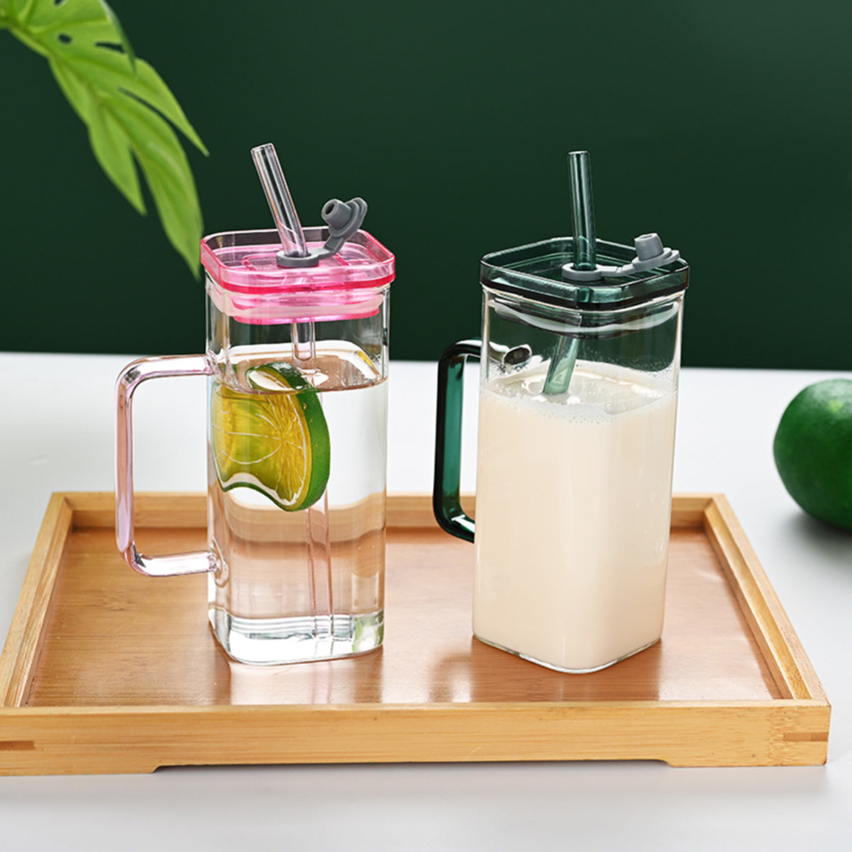1 Pcs Green Glass Straw Cup, 6 Colors Square Glass Cup With Straw And Lid, High Borosilicate Glass Cup, Milk Cup, Juice Cup, Cold Drink Cup, Coffee Cup, Tea Cup, Office Cup, Gift Cup - DropOnline.co