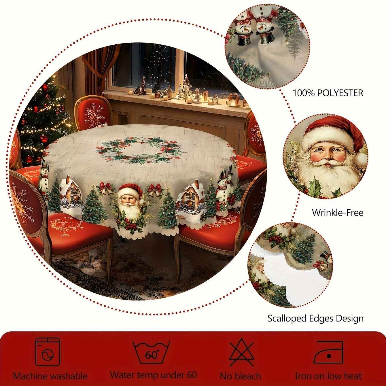 Christmas Round Tablecloth with Santa Claus - Holiday Table Flag Decoration - DropOnline.co