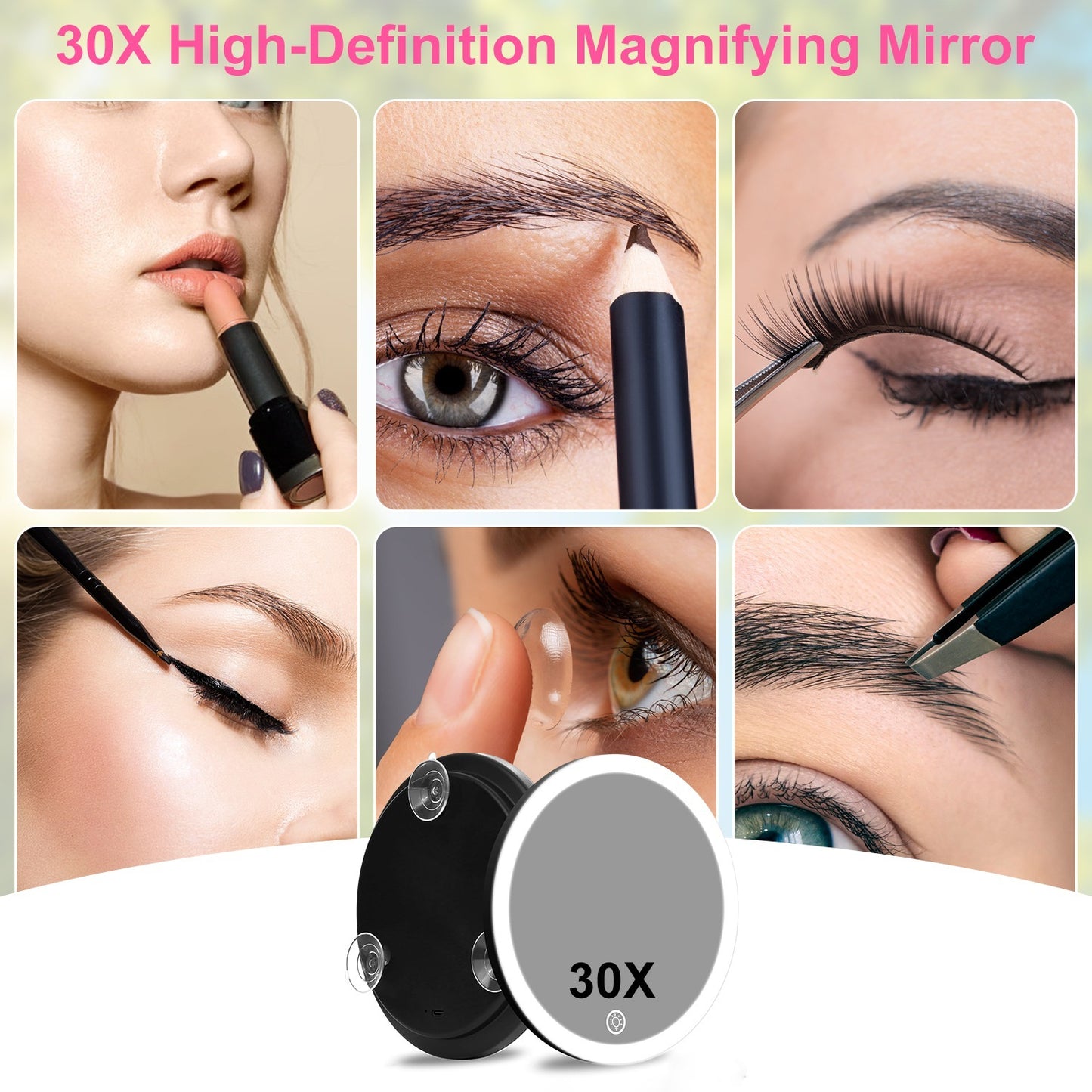 White-Black Options -- 1Pc 30X Magnifying Mirror With Light 3 Colors Dimmable Brightness Included Tweezer Scissor Travel Magnifying Makeup Mirror With Suction Cup 360 Degree Adjustable Stand - DropOnline.co