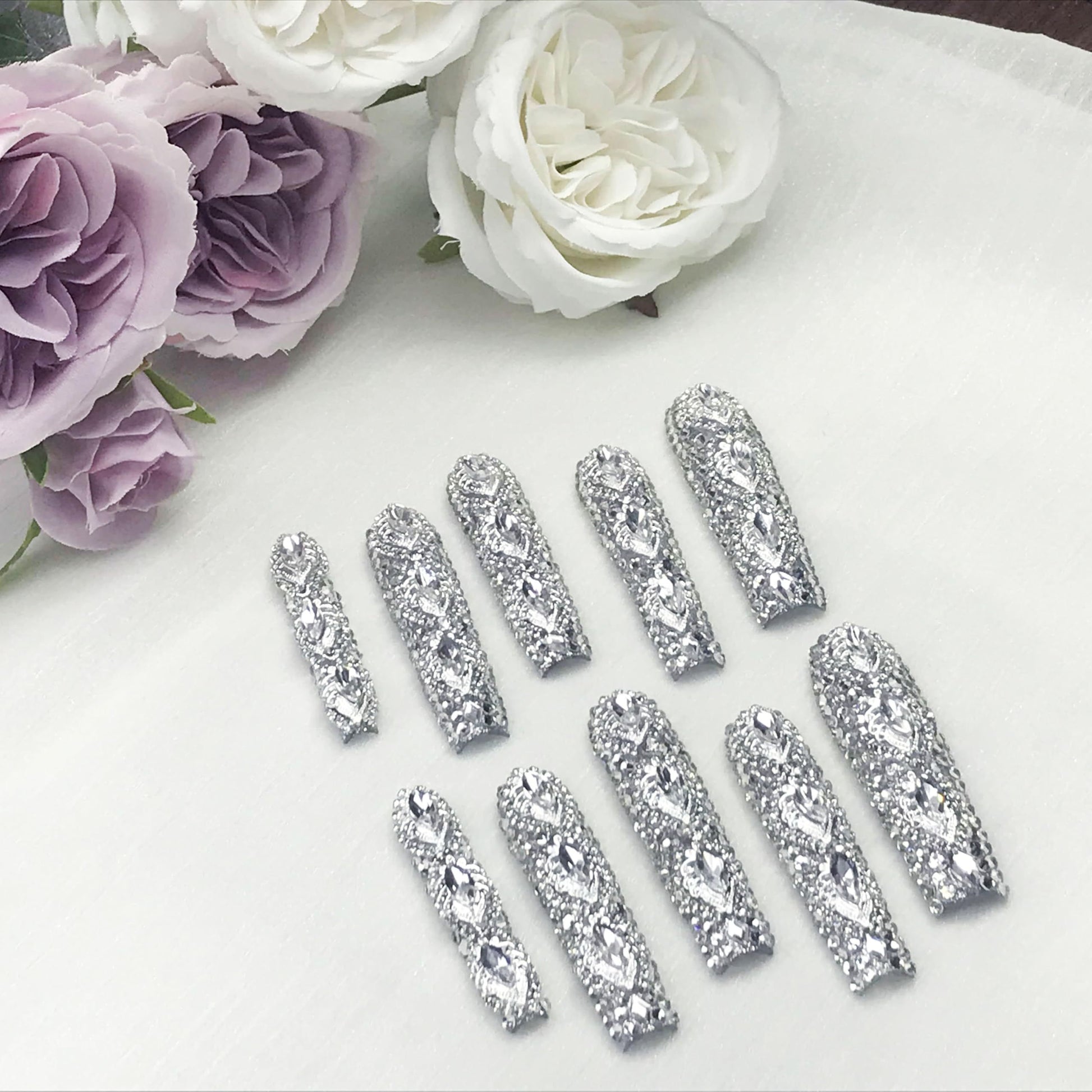 GGddsha Queen Of Haute Style Full Diamond Long NailsPMMA Acrylic Handmade Full Deluxe 3D Crystal Fake Nailsw Box, Gift For Women,Luxe Divinity - DropOnline.co