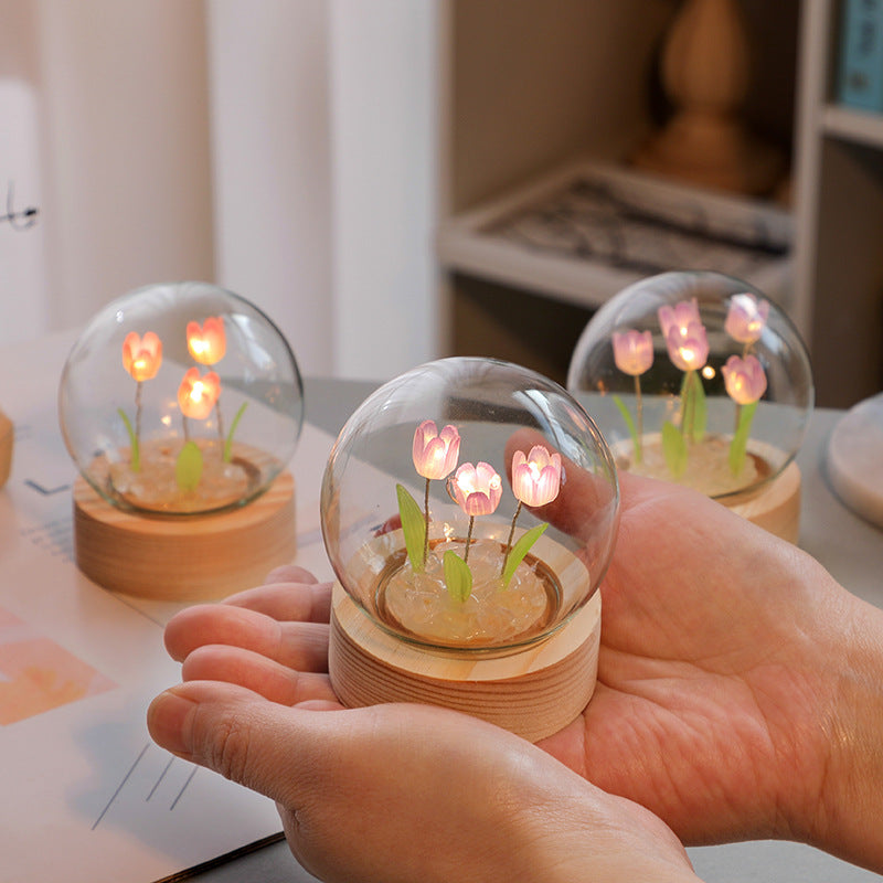 Artificial Tulip Flower Night Light Ornaments Handmade DIY Bedside Lamp LED Night Lamp Bedroom Decor Birthday Gifts Table Lamp - DropOnline.co