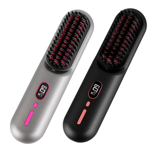 Grey-Black Options -- 1Pc Cordless Negative Ion Hair Straightener Brush Rechargeable Mini Styling Comb With 12 Heating Levels Anti-scald 30S Preheating 30Mins Auto Sleep LCD Display - DropOnline.co