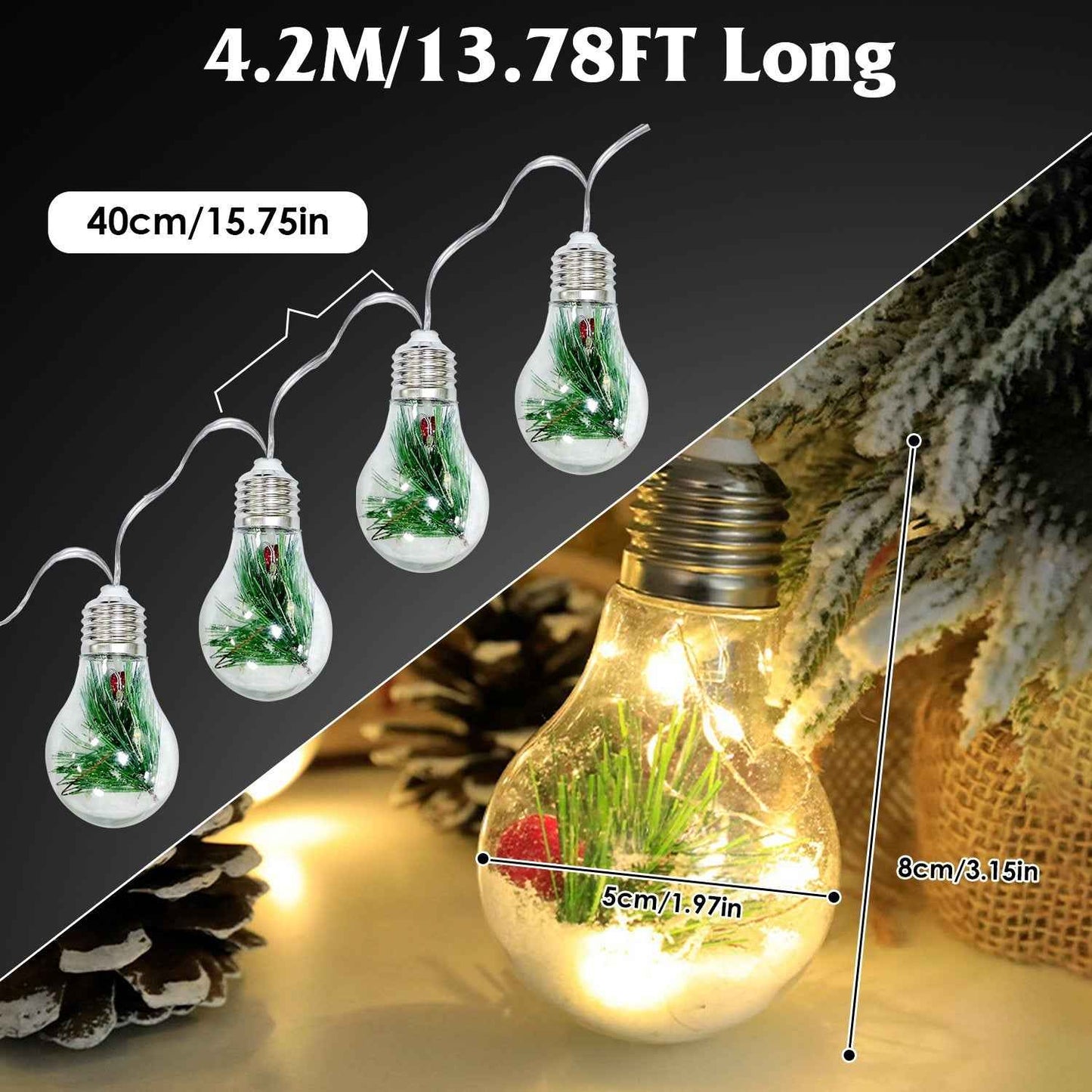 1Pc 13.78FT Christmas Snow Globe String Light Battery Powered 10 LED Bulbs Indoor Christmas Lights With Pine Needles Snowflakes Berries - DropOnline.co