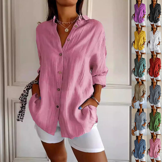 Women's Lapel Long Sleeve Shirt - Single-Breasted Pleated Button-Up - DropOnline.co