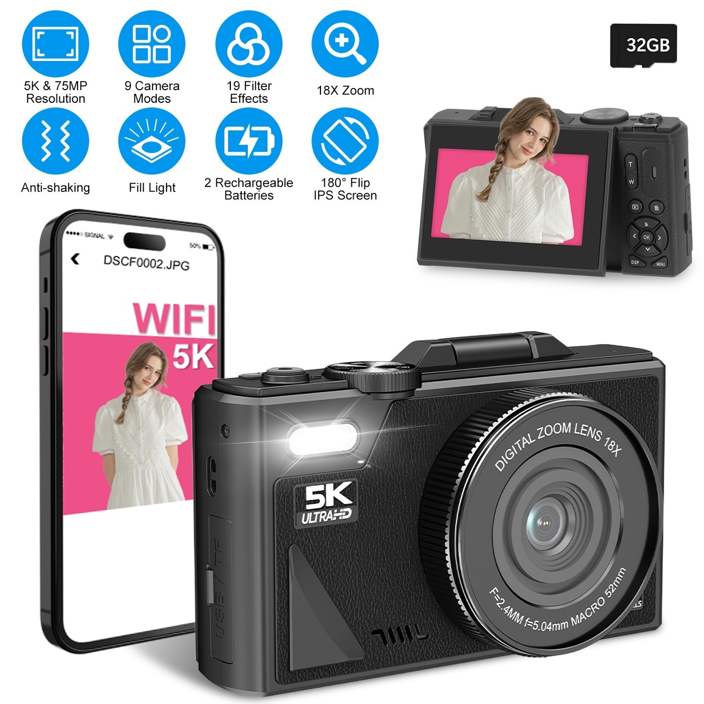 1Pc 5K 75MP Digital Camera For Photography Anti Shake WiFi Vlogging Video Camera With 9 Shooting Modes 18X Zoom Fill Light Webcam Function 2 Batteries 32G MMC Card 180Degree Flip IPS Screen - DropOnline.co