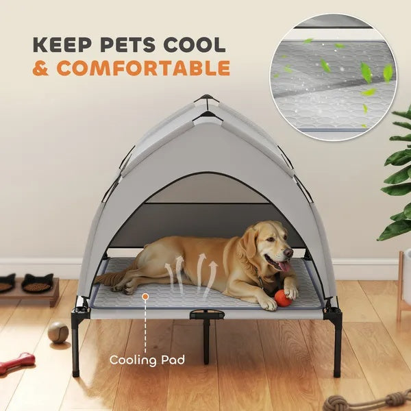Elevated Dog Bed With Removable Canopy, Portable Outside Raised Pet Cot With Cooling Pad, Storage Bag - DropOnline.co
