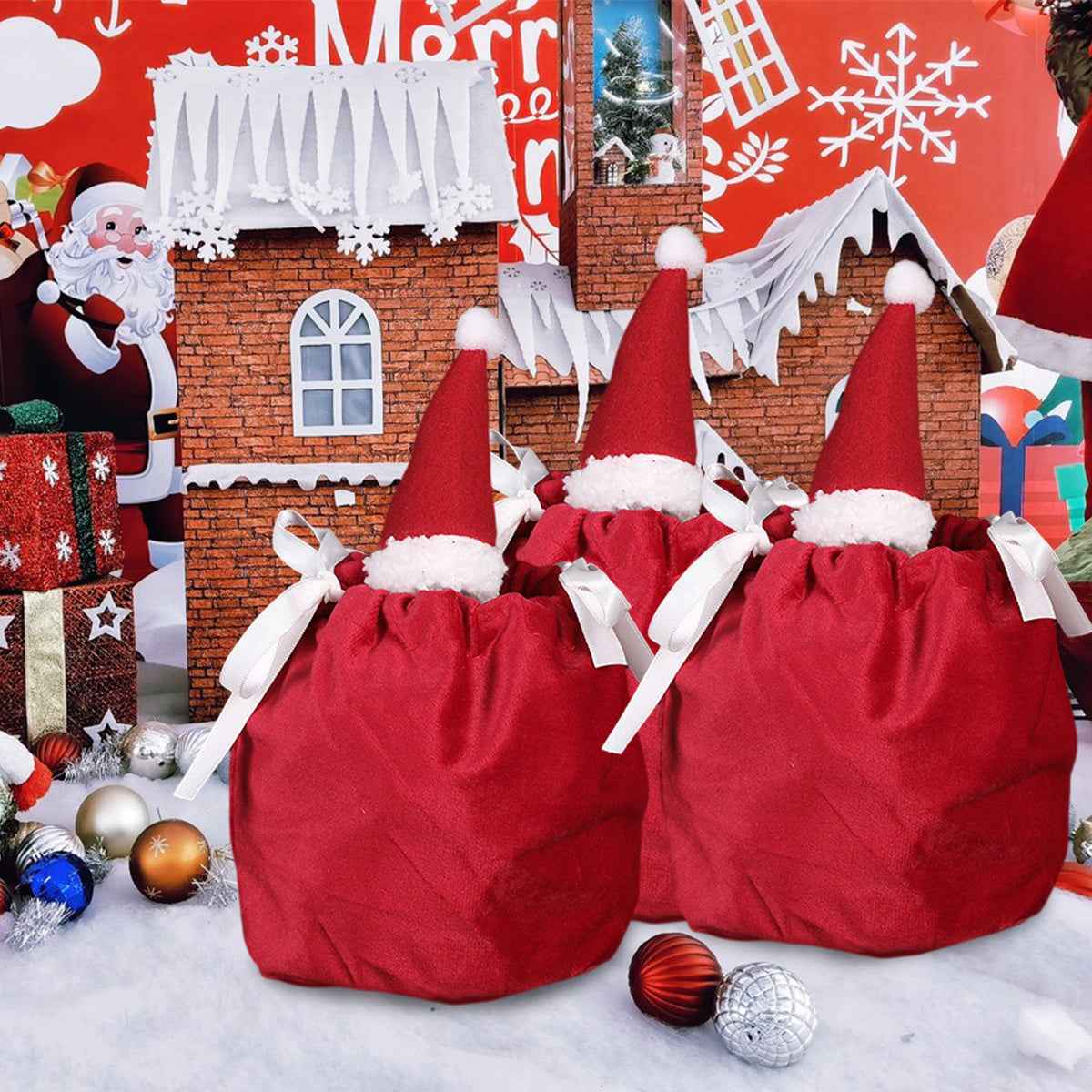 5 Packs Christmas Treat Bags with Drawstring - 3D Xmas Santa Hat Gift Bags - DropOnline.co