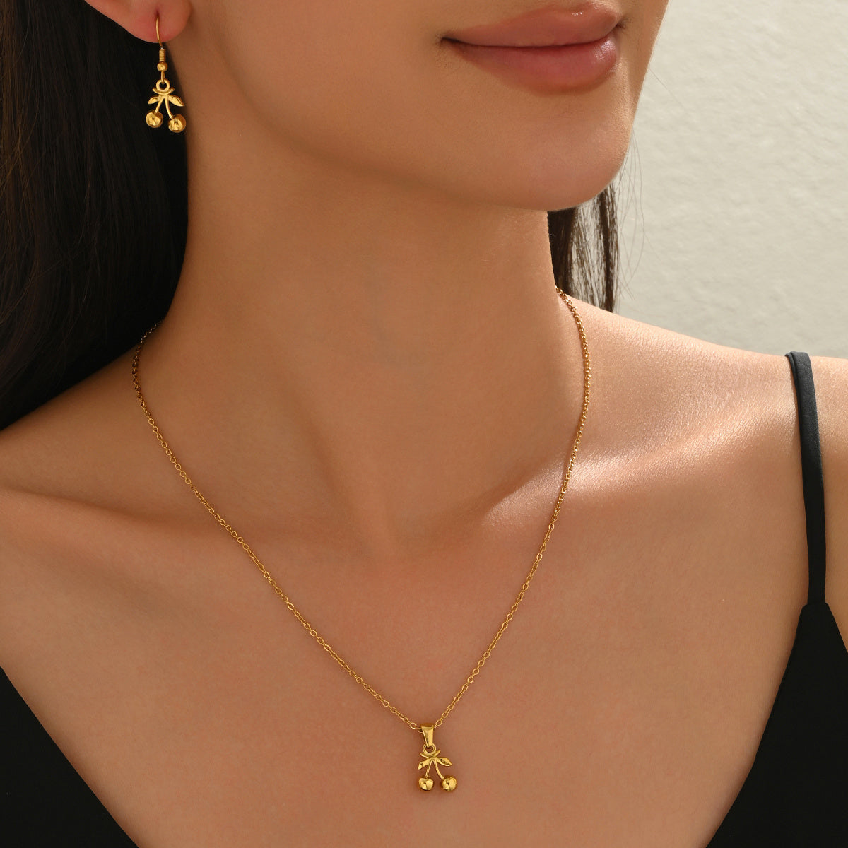 Lxalry 18K Gold Plated Stainless Steel Cherry Pendant Necklace And Earrings Set For Women - Cute Minimalist Jewelry For Daily Wear, Gifts, Summer Parties, And Anniversaries - Waterproof & Hypoallergen - DropOnline.co