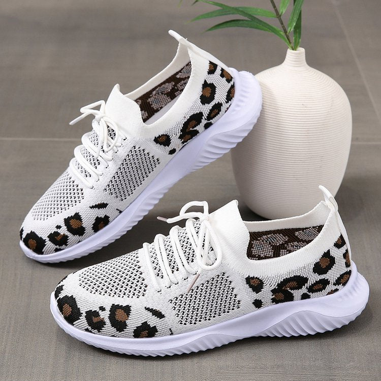 White Shoes Women Leopard Print Lace-up Sneakers Sports - DropOnline.co