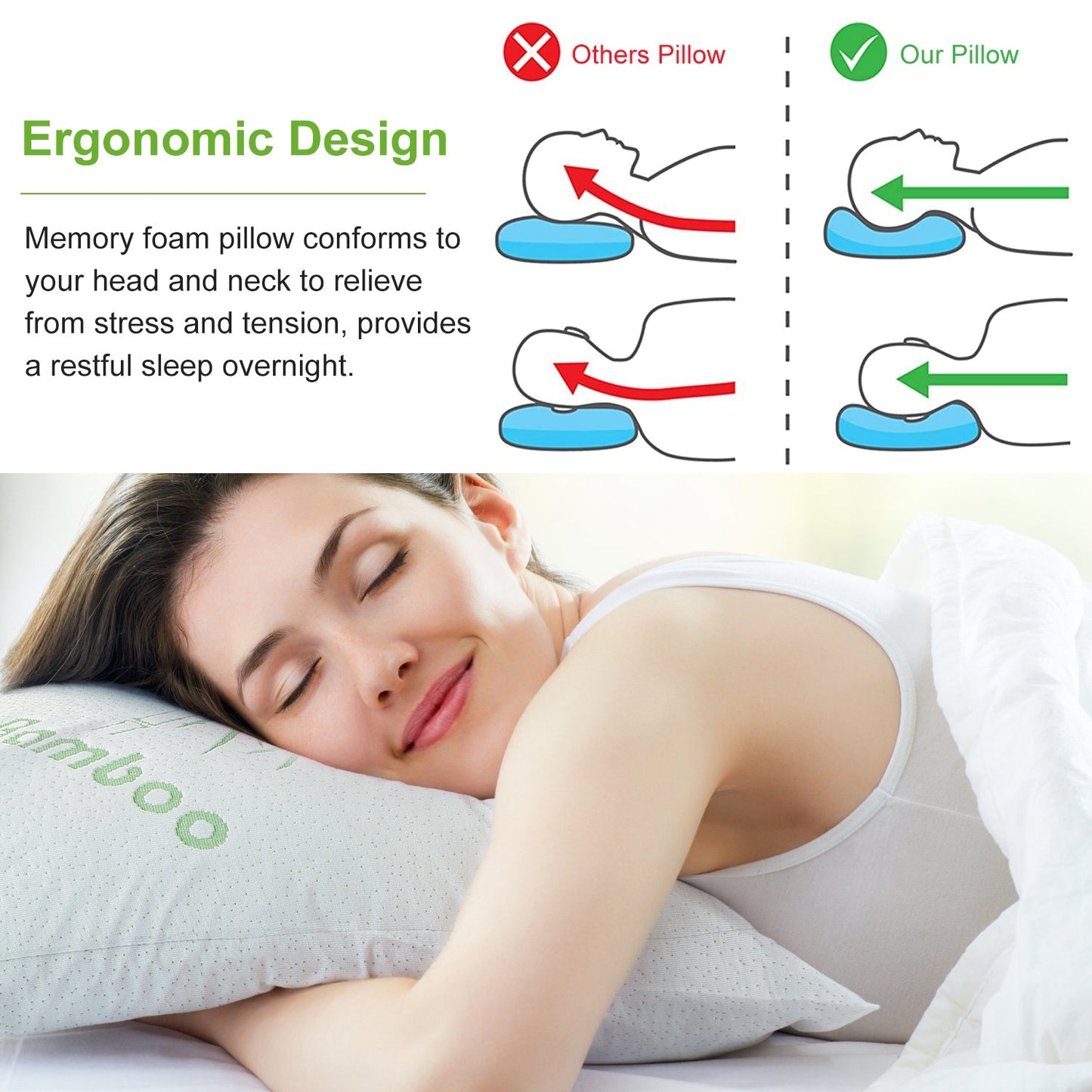 2Pcs Or 1Pcs Bamboo Memory Foam Pillow Hypoallergenic Bed Pillow For Head Neck Rest Sleeping Shredded Pillow Washable Cover Queen Size Pillow - DropOnline.co