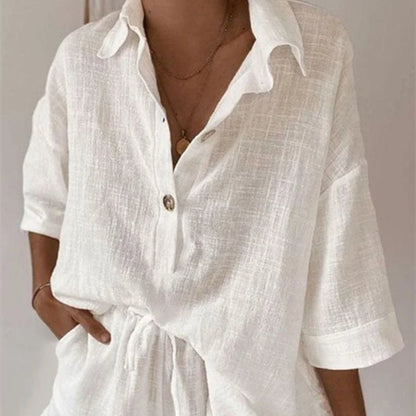 Women's Casual White Lapel T-Shirt Shorts Two Piece Set