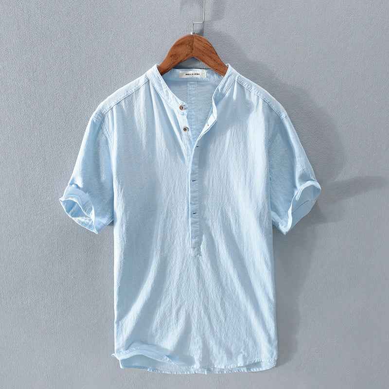 Men's Stand Collar Ice Silk Linen T-Shirt - Japanese Style Short Sleeve