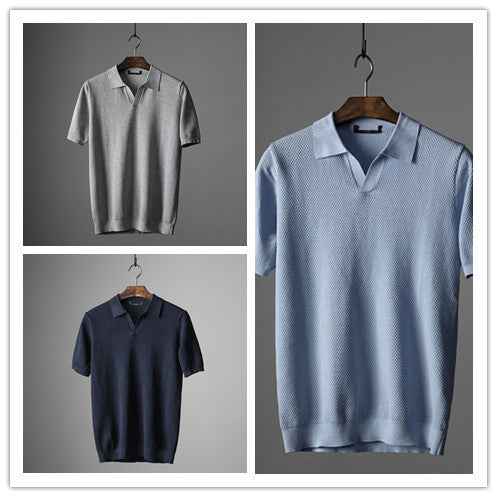 Men's V-Neck Knit Lapel Short Sleeve Top - Casual Fashion Shirt