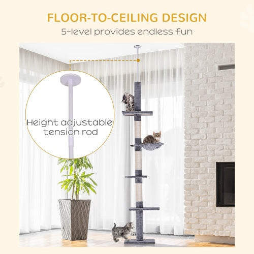 PawHut 9' Adjustable Height Floor-To-Ceiling Vertical Cat Tree - Grey And White - DropOnline.co