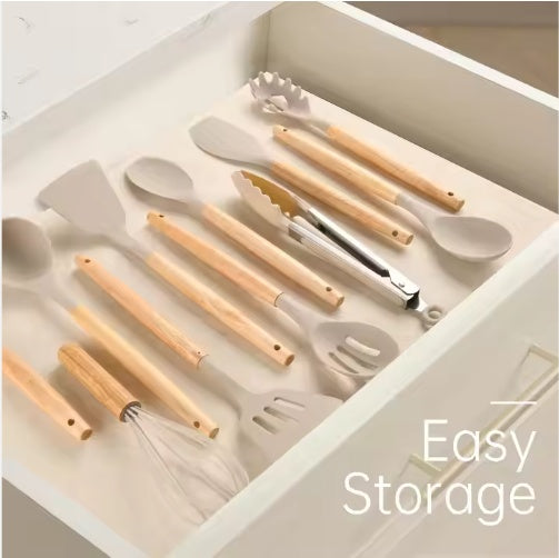Non-Stick Silicon 12 Pcs Heat Resistant Wooden Handle Kitchen Cooking Utensils Set, Khaki Color - DropOnline.co