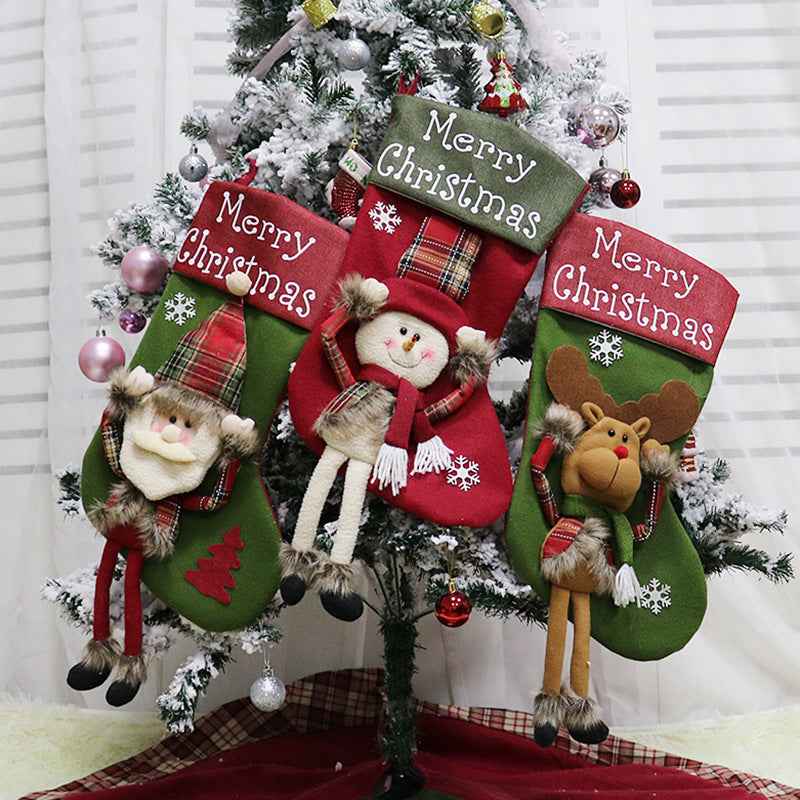 Christmas 3D Plush Big Stockings Set - Santa Snowman Elk Tree Pendant Decorations - DropOnline.co