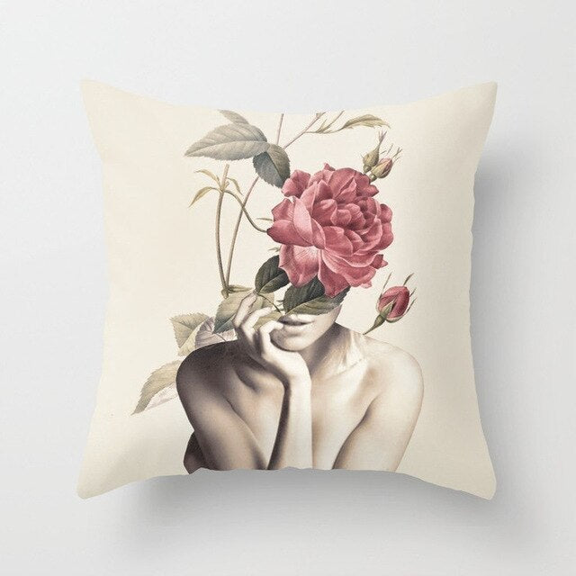 Abstract Print Flower Lady Cushion Cover - Artistic Pillow Cases for Modern Home Decor - DropOnline.co