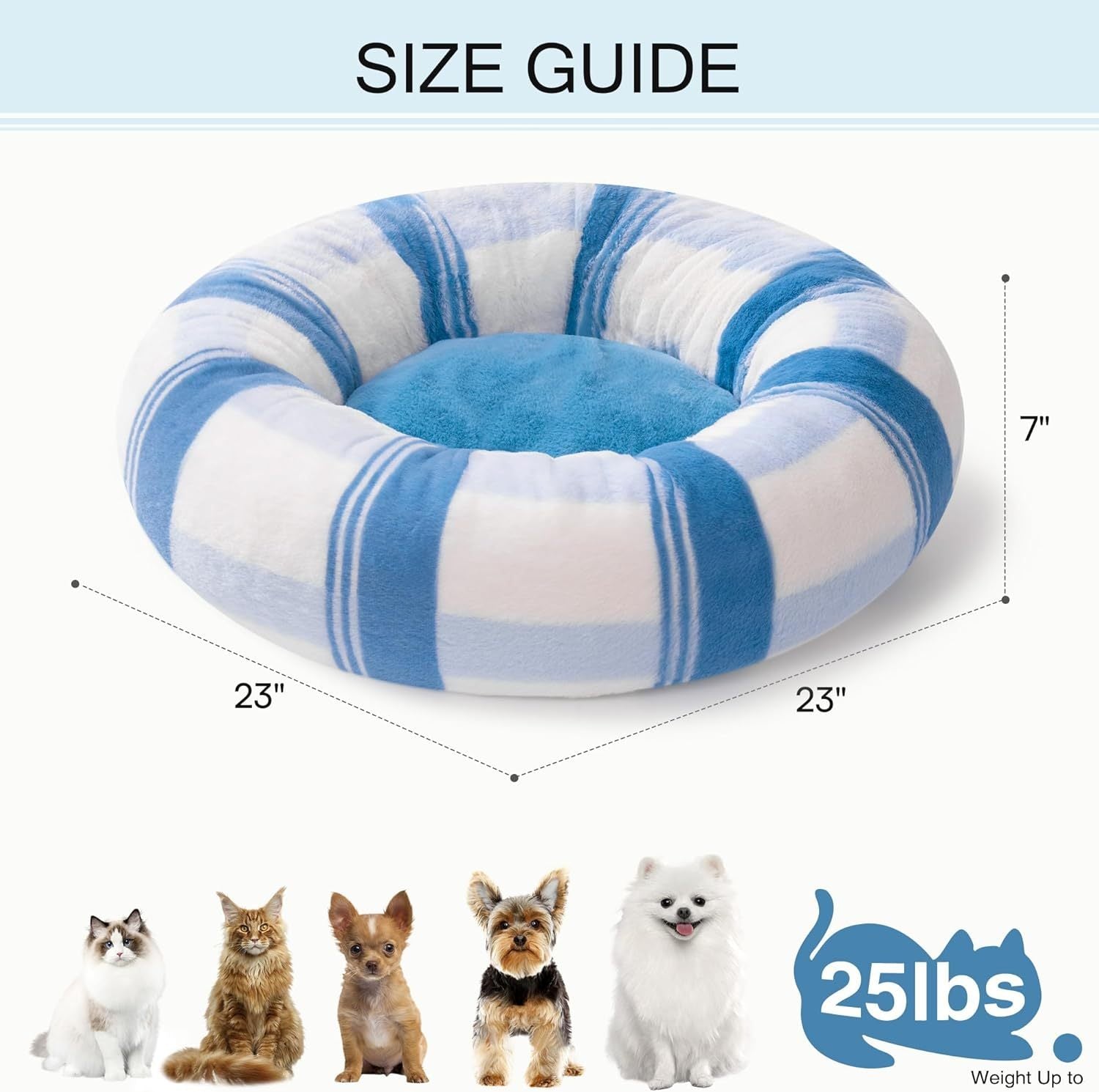 MEWOOFUN Plush Round Cat Bed For Indoor Cats - Calming Washable Pet Bed With Non-Slip Bottom, Soft Fluffy Dog Bed For Puppy & Kitten, 23 Inch Blue Striped - DropOnline.co