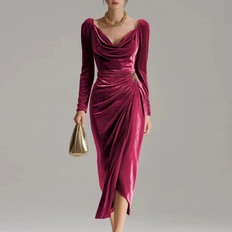 Long Sleeve Pleated Long Slit Velvet Sheath Dress