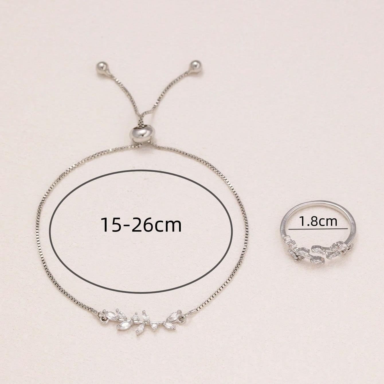 2pcs Fashion Silver Horse Eye Crystal Zircon Leaf Bracelet And Ring,Pulling Bracelet Suitable For Women's Daily Holiday Outfits - DropOnline.co