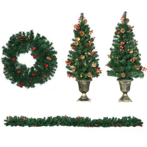 HOMCOM Prelit Holiday Christmas 4-Piece Set - Garland Wreath & 2 Entrance Trees - DropOnline.co