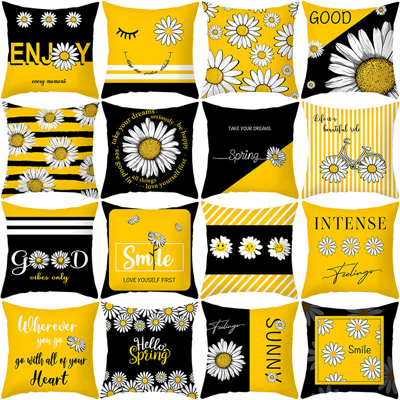 Modern Yellow Daisy Flower Cushion Cover - Creative Letter Print Pillow Case for Home - DropOnline.co