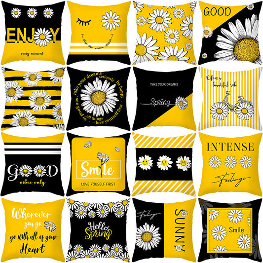 Modern Yellow Daisy Flower Cushion Cover - Creative Letter Print Pillow Case for Home - DropOnline.co