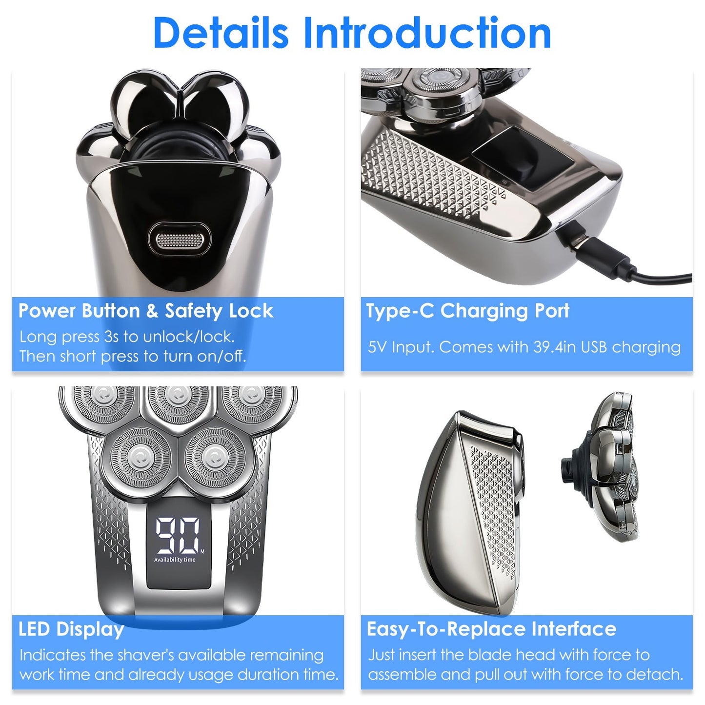 1Pc Head Shavers For Bald Men 5 In 1 7D Electric Rotary Razor Rechargeable Cordless Head Beard Trimmer Shaver Kit IPX6 Waterproof Dry Wet Grooming Kit With 3 Combs - DropOnline.co