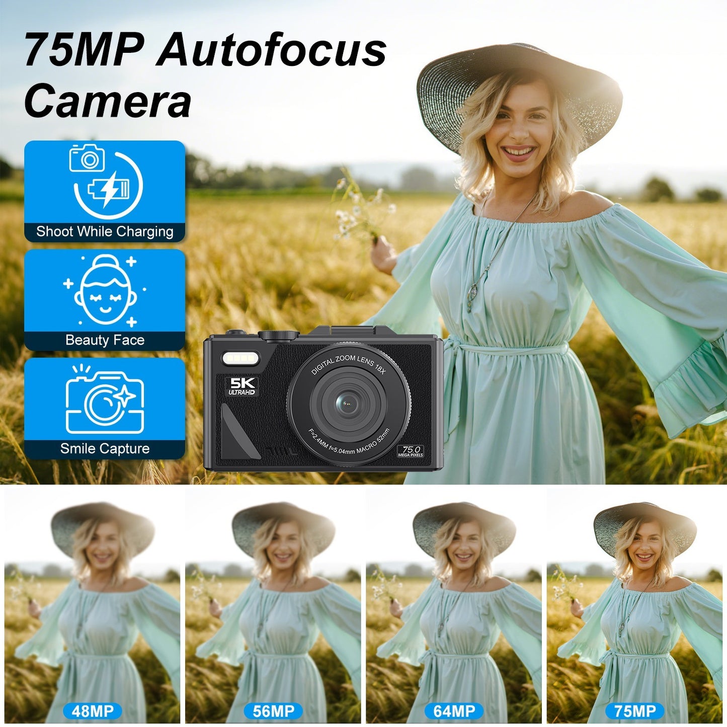 1Pc 5K 75MP Digital Camera For Photography Anti Shake WiFi Vlogging Video Camera With 9 Shooting Modes 18X Zoom Fill Light Webcam Function 2 Batteries 32G MMC Card 180Degree Flip IPS Screen - DropOnline.co