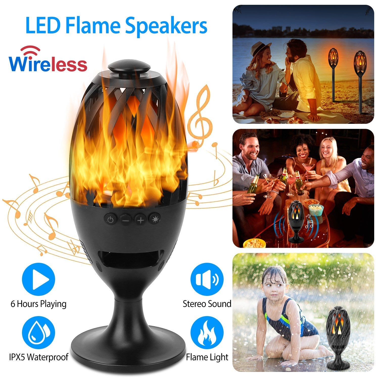 1Pc LED Flame Speakers Torch Wireless Speaker Waterproof Stereo Bass Speaker Outdoor Light-Up Speaker Atmosphere LED Flickers Night Light Patio Stake Lights Lantern For Party Camping - DropOnline.co