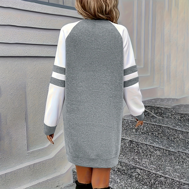 Women's Color Block Sweatshirt Dress Long Sleeve Crew Neck, Casual Short Pullover Tunic Dress - DropOnline.co