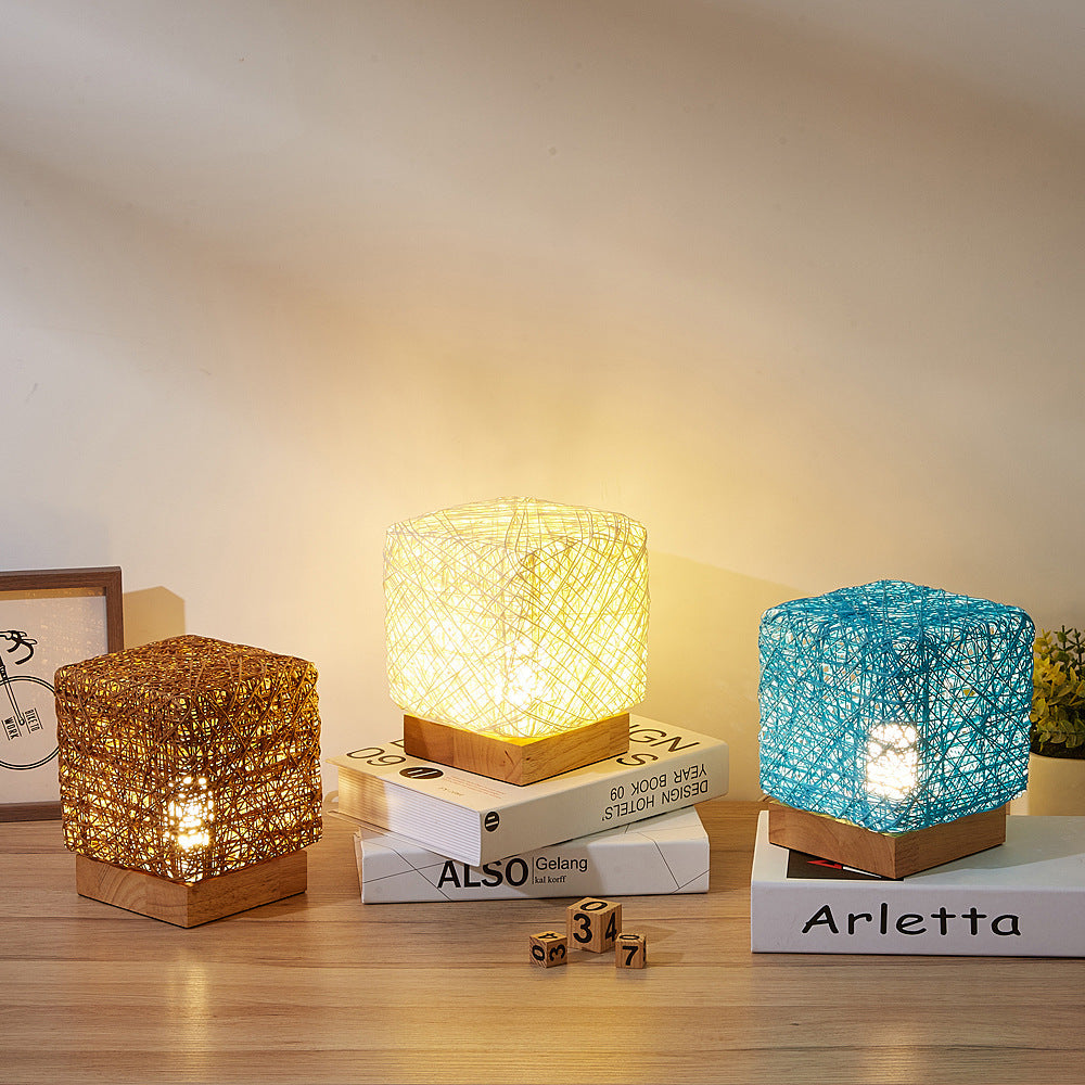 Hand-Knit Dimmable Square LED Desk Lights Wood Rattan Twine USB Charging Table Lamp Girls Bedroom Gift Home Decor Night Lighting - DropOnline.co