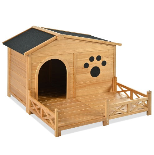 48 Wooden Dog House Outdoor With Porch, Dog Kennel With Water-Resistant Asphalt Roof And Fencing,Indoor & Outdoor Dog Crate With Paw Print, Medium, Nature - DropOnline.co