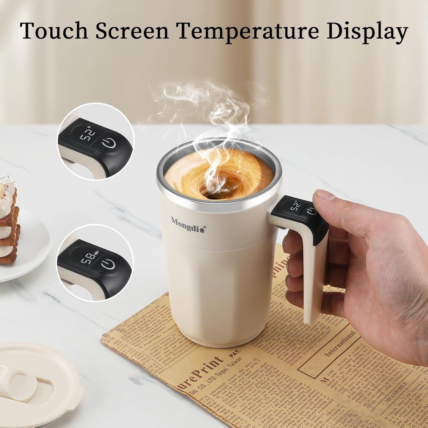 Mocha 12 Oz With Temperature Display Rechargeable Automatic Stirring Coffee Cup With Lid Suitable For Coffee Milk And Other Drinks White - DropOnline.co