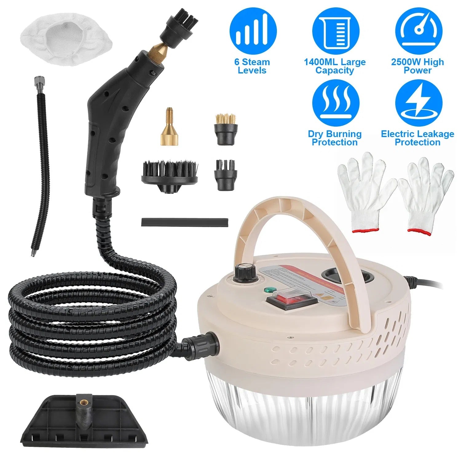 2500W Handheld High Temperature And Pressure Steamer Cleaner With 1400ML Tank 9 Accessories 6 Steam Levels For Dirt Grease Grout Tile Floor Couch Car - DropOnline.co