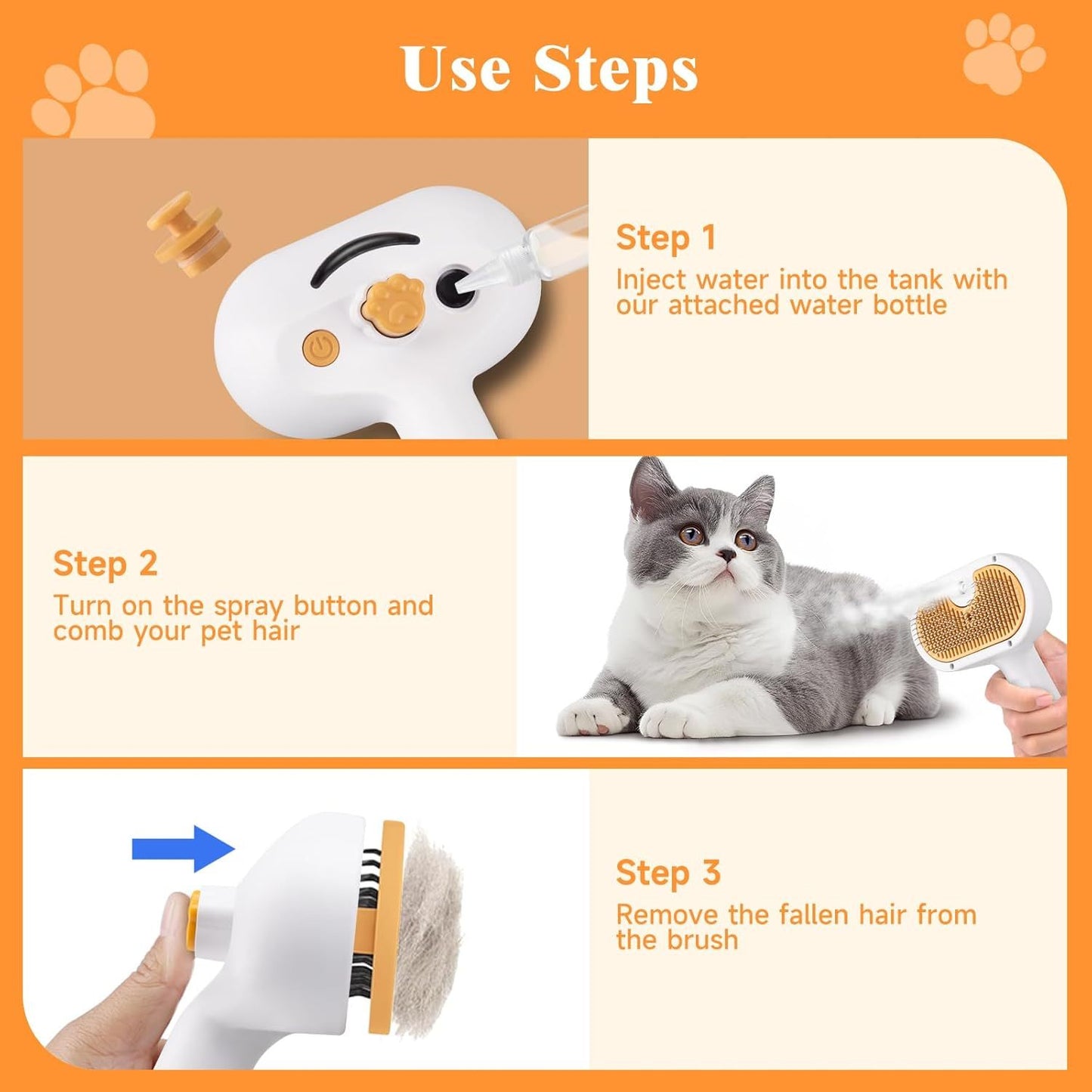 Universal Pet Steam Brush For Cats And Dogs 3-in-1 Spray Hair Removal Comb With Waterless Shampoo And Ear Towel,Tiktok, Amazon, Walmart Banned - DropOnline.co