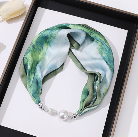 Magnetic Buckle Silk Scarf with Pearl Necklace - Women's Fashion Accessory - DropOnline.co