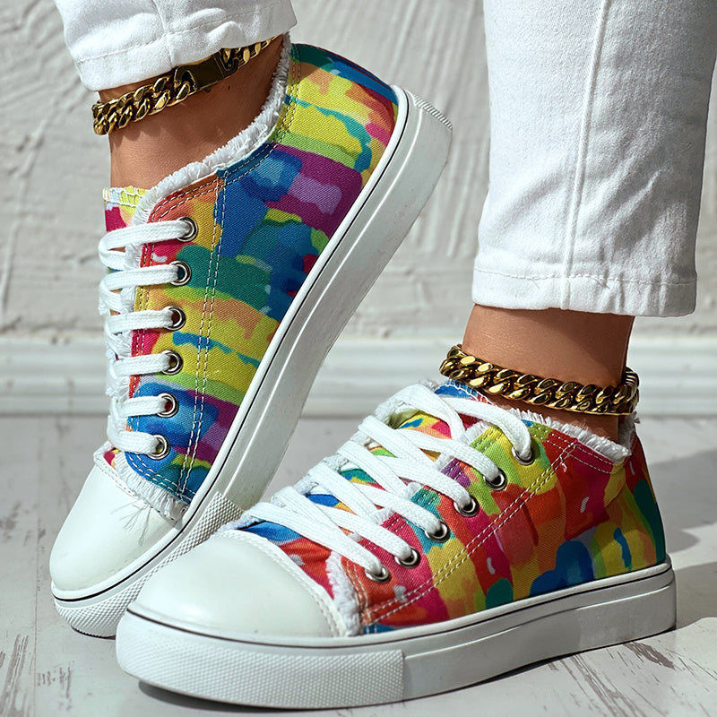 Melt Color Printed Tassel Hem Canvas Sneakers - Anklet Not Included - DropOnline.co