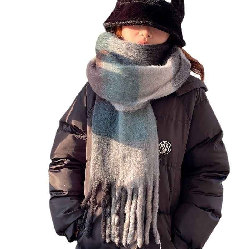 Women's Plaid Tassel Scarf - Rainbow Color-Blocking Shawl