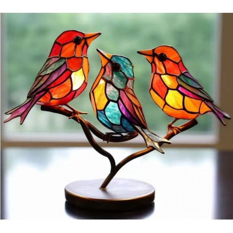 Stained Birds On Branch Desktop Ornaments For Bird Lover Home Decor Desk Decor For Bedroom Living Room And Office - DropOnline.co