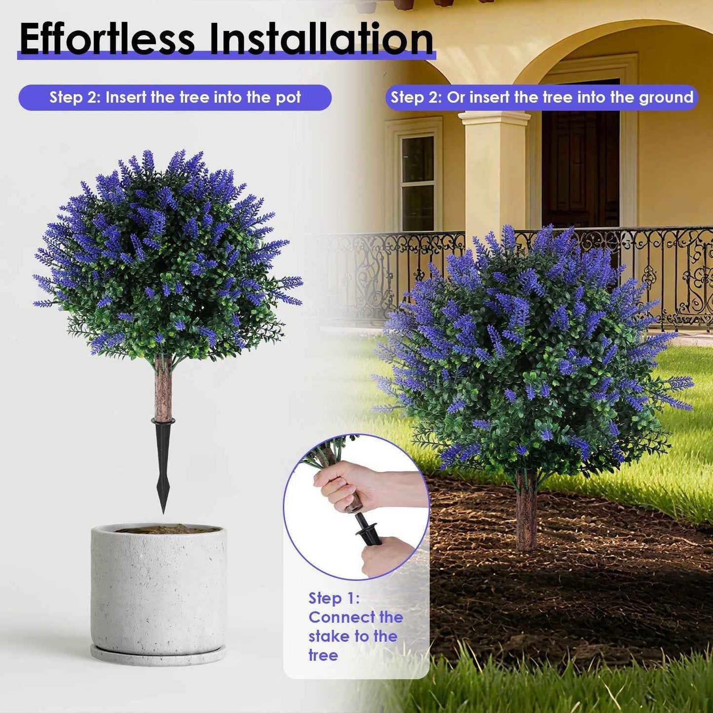 2 Packs Artificial Lavender Topiary Ball Trees - UV Resistant with Ground Spike - DropOnline.co