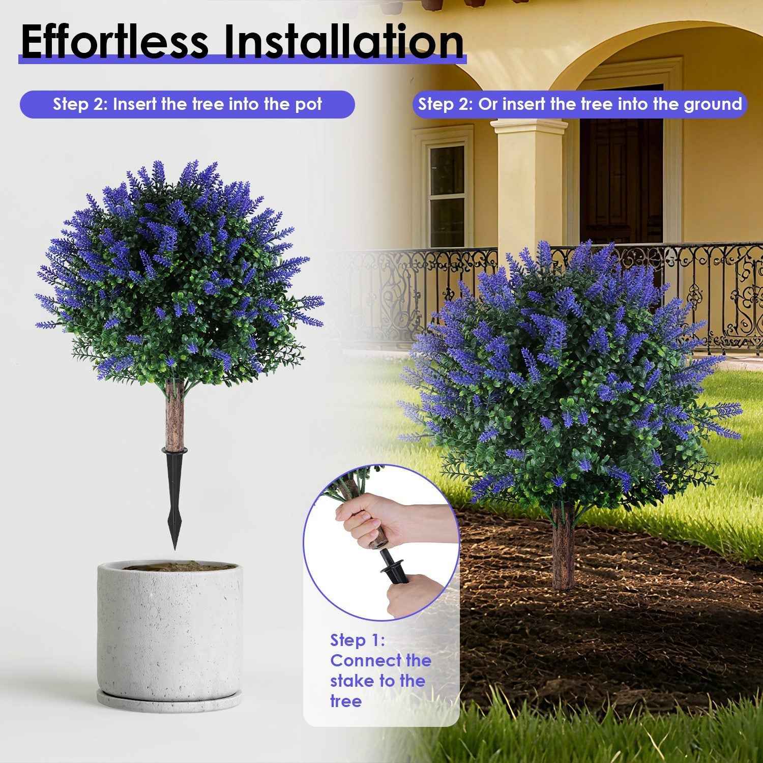 2 Packs Artificial Lavender Topiary Ball Trees - UV Resistant with Ground Spike - DropOnline.co