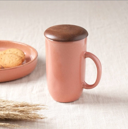 Ceramic Peach Coffee Mug With Wooden Lid - DropOnline.co