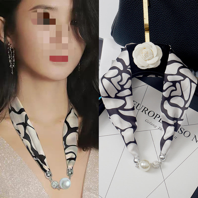 Magnetic Buckle Silk Scarf with Pearl Necklace - Women's Fashion Accessory - DropOnline.co