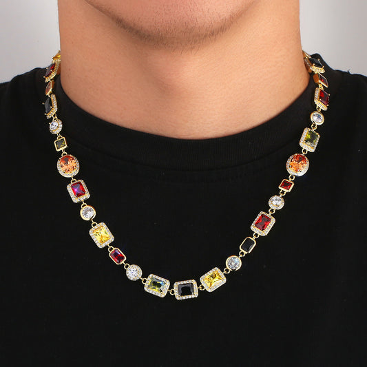 USA Stock Gorgeous Mixed Gemstone Tennis Chain 5A CZ Gem 18K Gold Plated Vintage Multi Colored Jewelry Necklace For Women Men - DropOnline.co