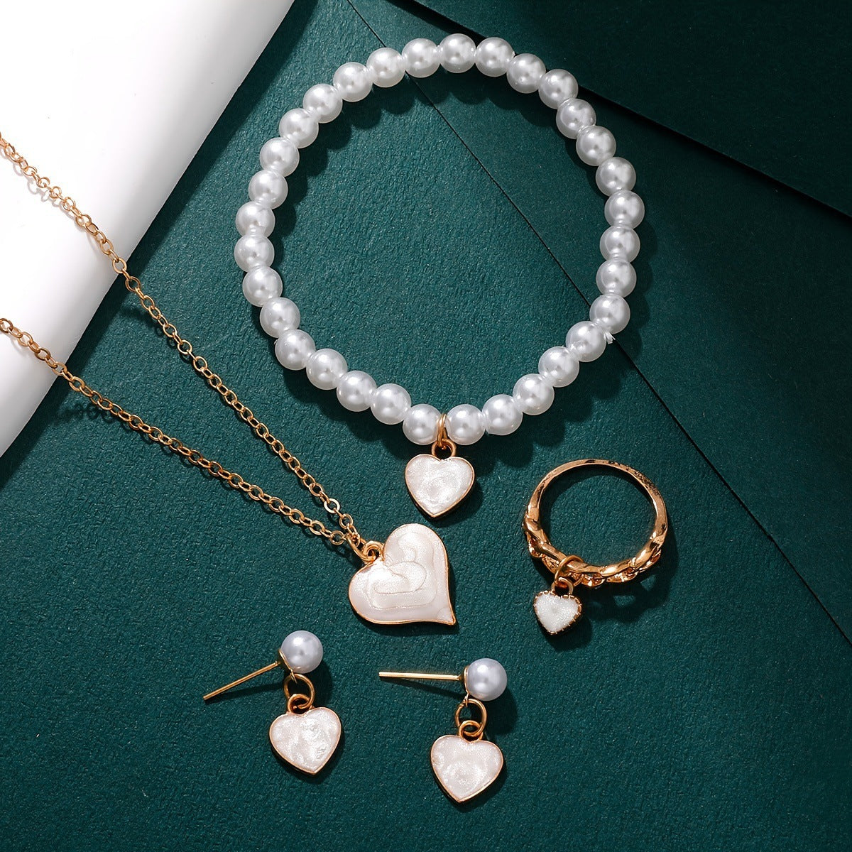 Girls Jewelry Cute All-match Oil Drop Heart Necklace Earrings Ring Bracelet Four-piece Set - DropOnline.co